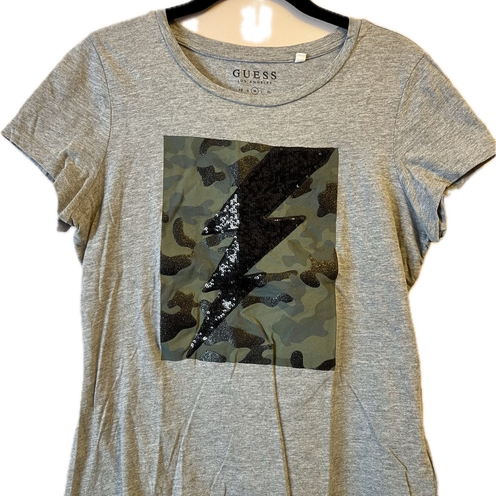 GUESS Gray Camouflage Lightning Bolt Women's Top